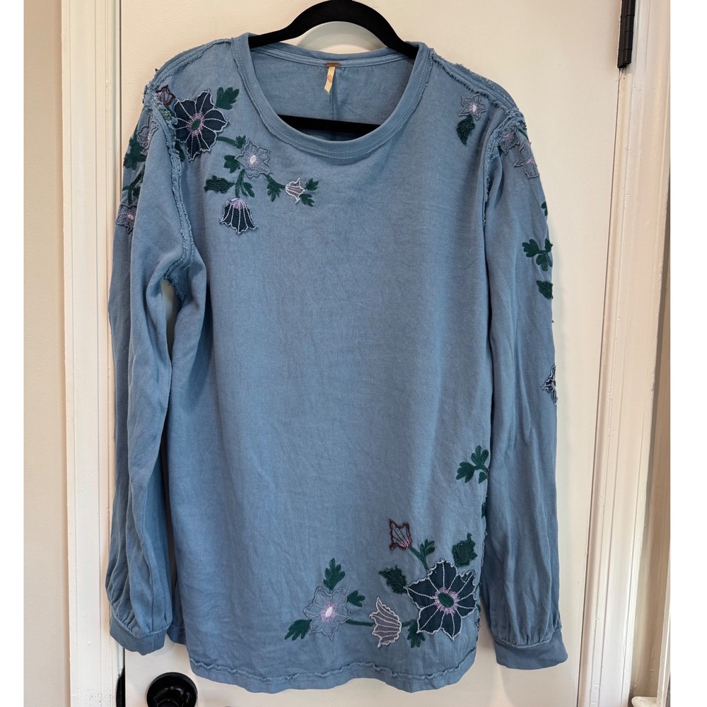 Free People Violet Vines Blue Embroidered Long Sleeve Boho Top Raw Seam Small - Picture 3 of 10
